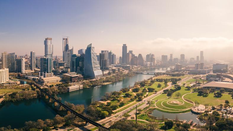 Aerial view of buildings in city against sky,Austin,Texas,United States,USA