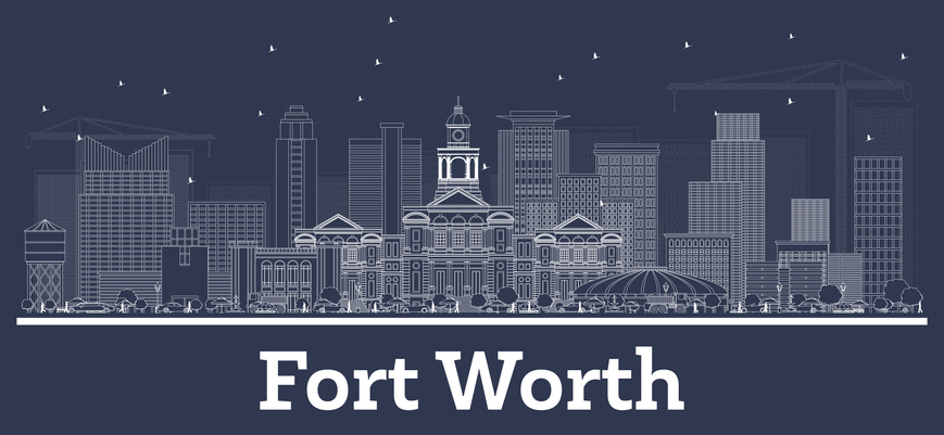 Outline Fort Worth Texas City Skyline with White Buildings.