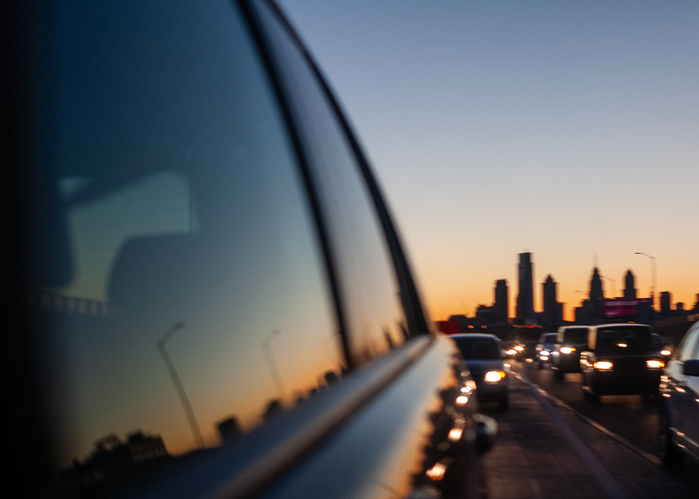 City skyline in the wing mirror