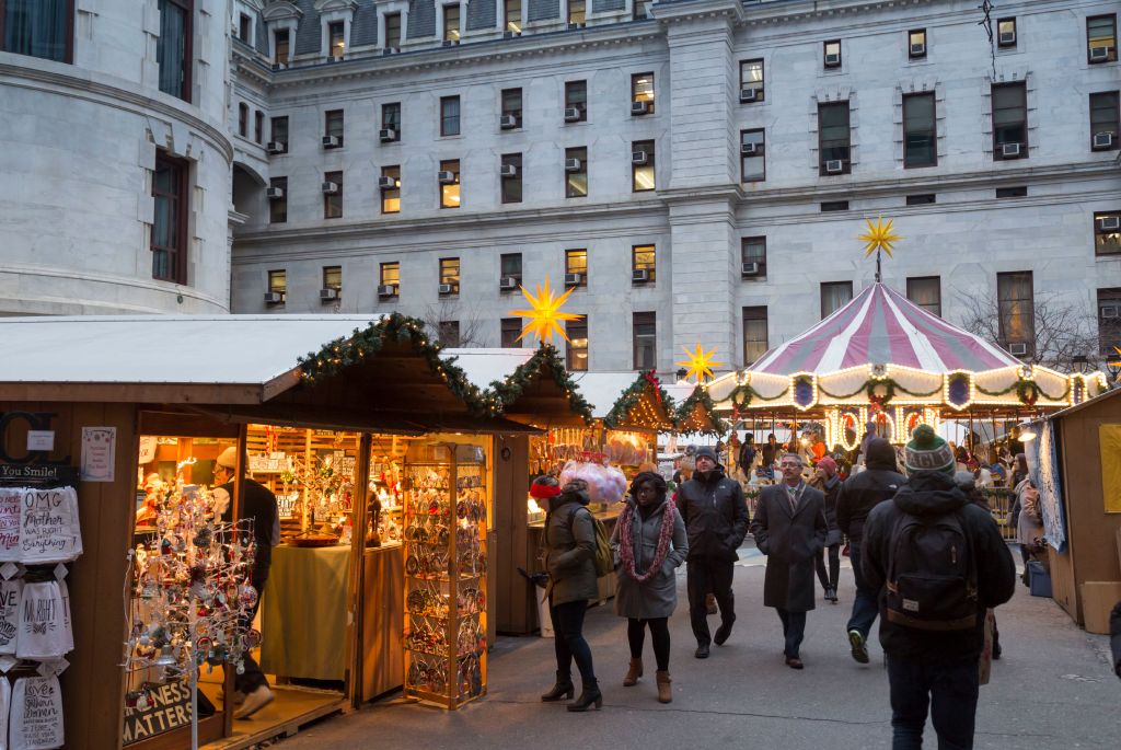 Christmas Village and Winter garden at Dilworth Park outside of City Hall, Philadelphia, PA, USA