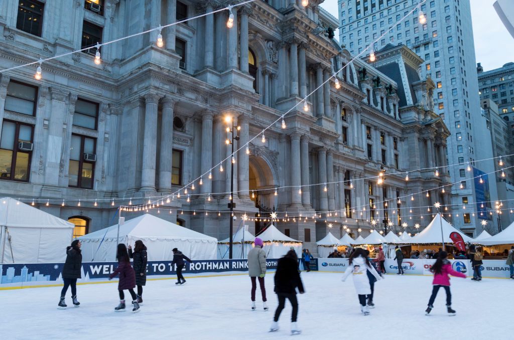 Christmas Village and Winter garden at Dilworth Park outside of City Hall, Philadelphia, PA, USA