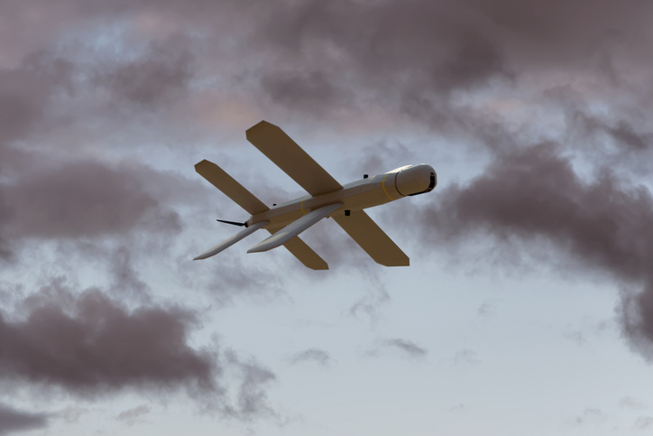 Lancet kamikaze drone on the background of the sky under the clouds, Russian drone attacks.