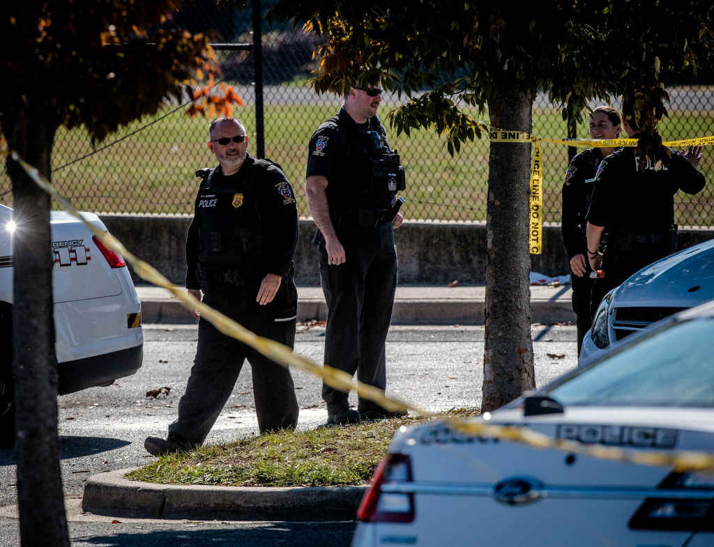 Police work the scene of a possible stabbing incident at Blair high school, on November 08 in Silver Spring, MD.
