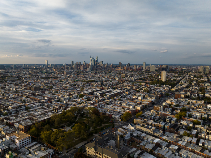Drone Shot of Philadelphia Skyline from West Passyunk on Overcast Day in Fall