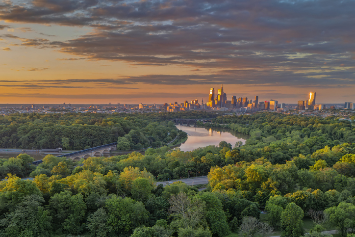 Scenic view of trees and buildings against sky during sunset,Philadelphia,Pennsylvania,United States,USA